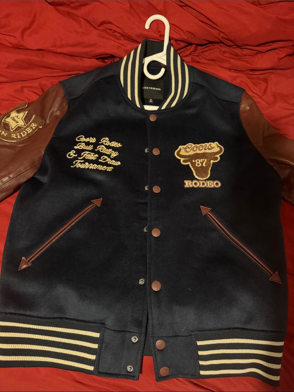 Lucky Brand Navy and Brown Varsity Rodeo Jacket